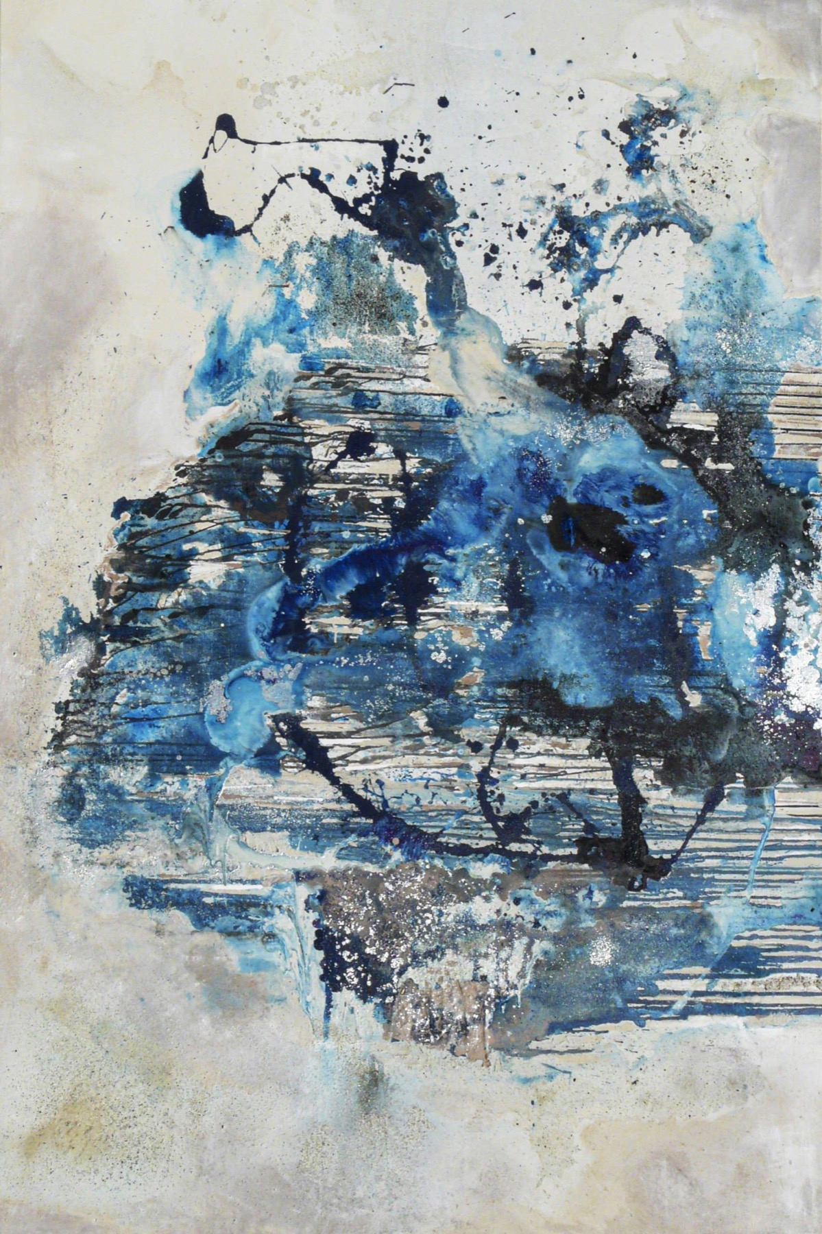 Mémoires de l'eau : peinture aux bleus profonds et aux ocres, collection particulière