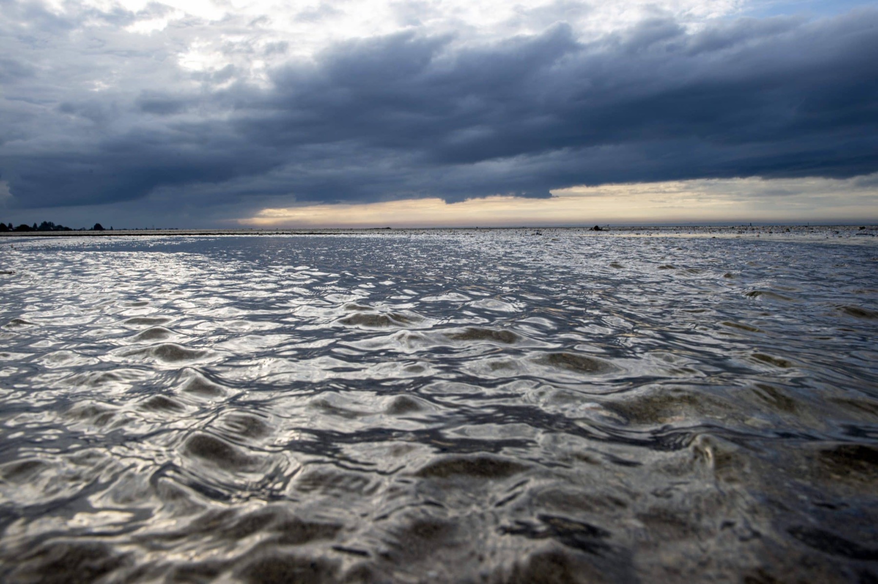 Grève de la Baie du Mont Saint-Michel sous un ciel d'orage, lumière sur le sable mouillé